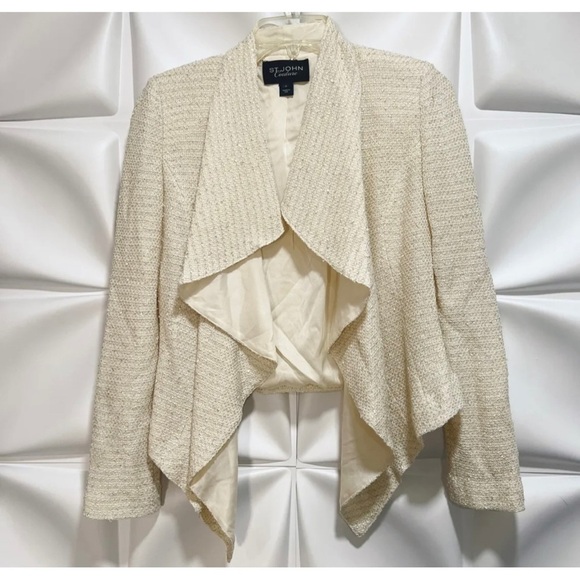 St John Couture Women Sz 2 Ivory Tweed Metallic Silver Gold Ruffle Blazer Jacket - Picture 1 of 10